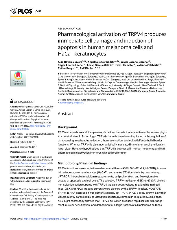 Pharmacological activation of TRPV4 produces immediate cell damage and induction of apoptosis in human melanoma cells and HaCaT keratinocytes