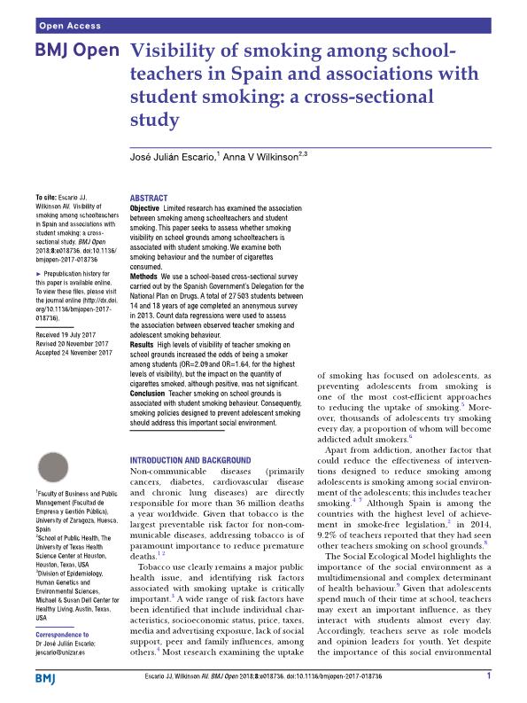 Visibility of smoking among schoolÂ-teachers in Spain and associations with student smoking: A cross-sectional study