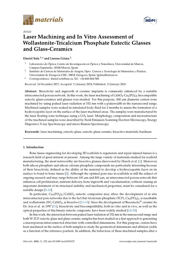 Laser machining and in vitro assessment of wollastonite-tricalcium phosphate eutectic glasses and glass-ceramics