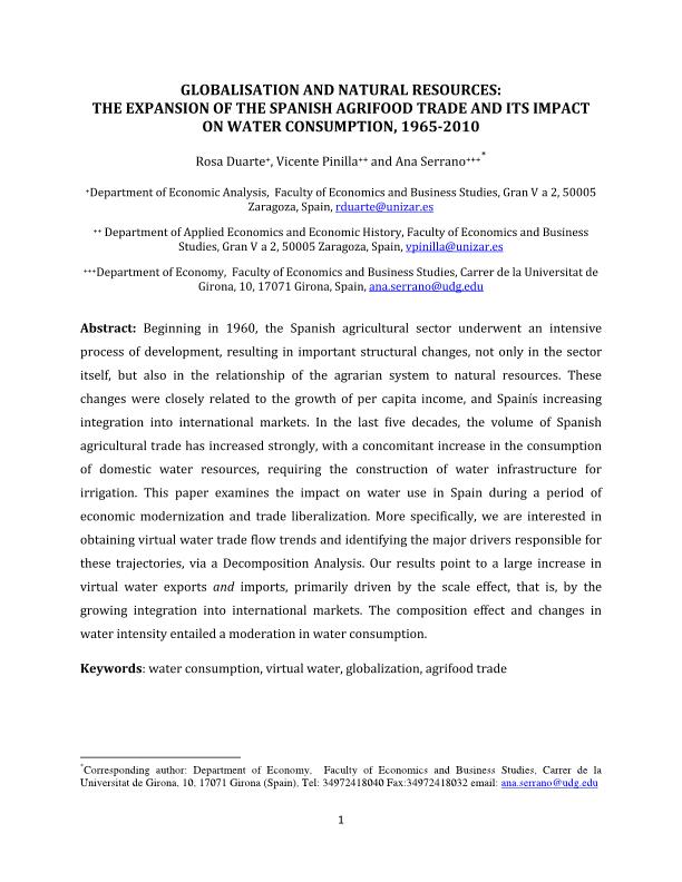 Globalization and natural resources: the expansion of the Spanish agrifood trade and its impact on water consumption, 1965–2010