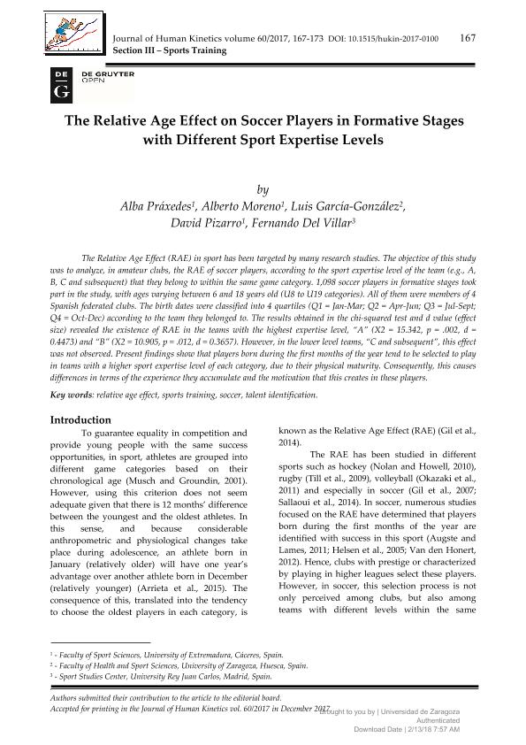 The Relative Age Effect on Soccer Players in Formative Stages with Different Sport Expertise Levels