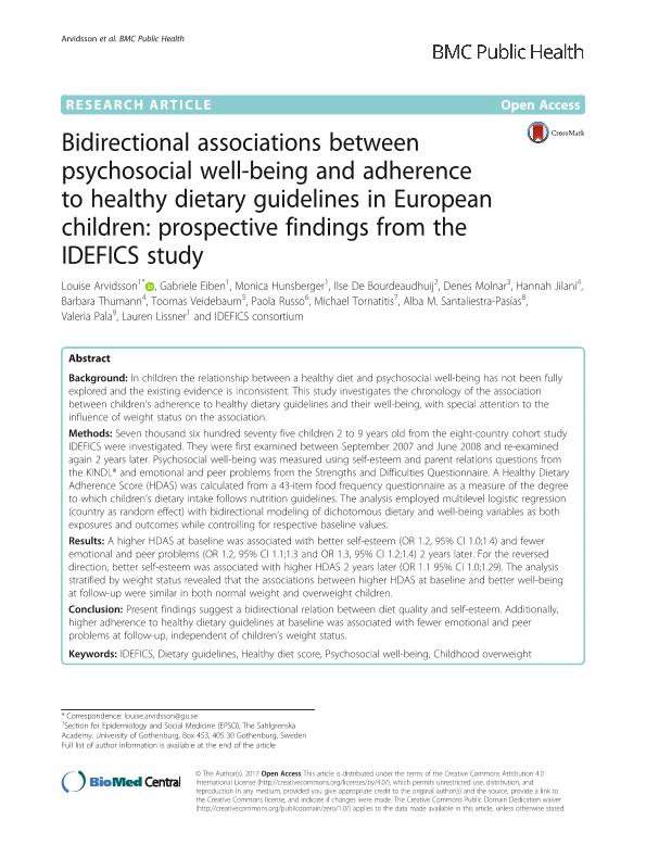 Bidirectional associations between psychosocial well-being and adherence to healthy dietary guidelines in European children: Prospective findings from the IDEFICS study
