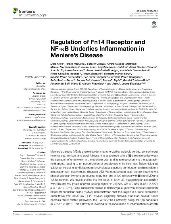 Regulation of Fn14 receptor and NF-¿B underlies inflammation in Meniere's disease