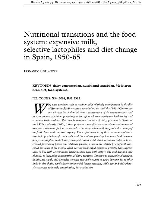 Nutritional transitions and the food system: Expensive milk, selective lactophiles and diet change in Spain, 1950-65