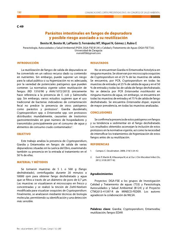 Parásitos intestinales en fangos de depuradora y posible riesgo asociado a su reutilización