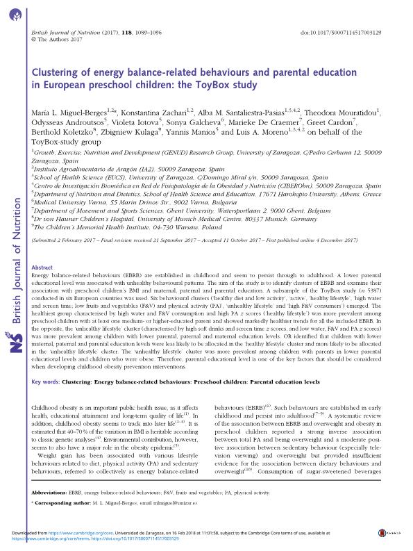 Clustering of energy balance-related behaviours and parental education in European preschool children: The ToyBox study