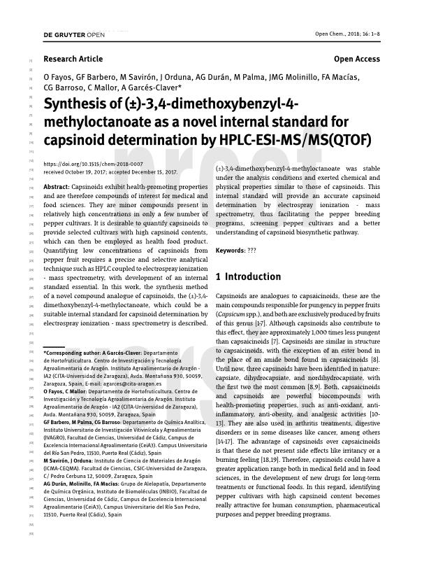 Synthesis of (±)-3,4-dimethoxybenzyl- 4-methyloctanoate as a novel internal standard for capsinoid determination by HPLC-ESI-MS/MS(QTOF)