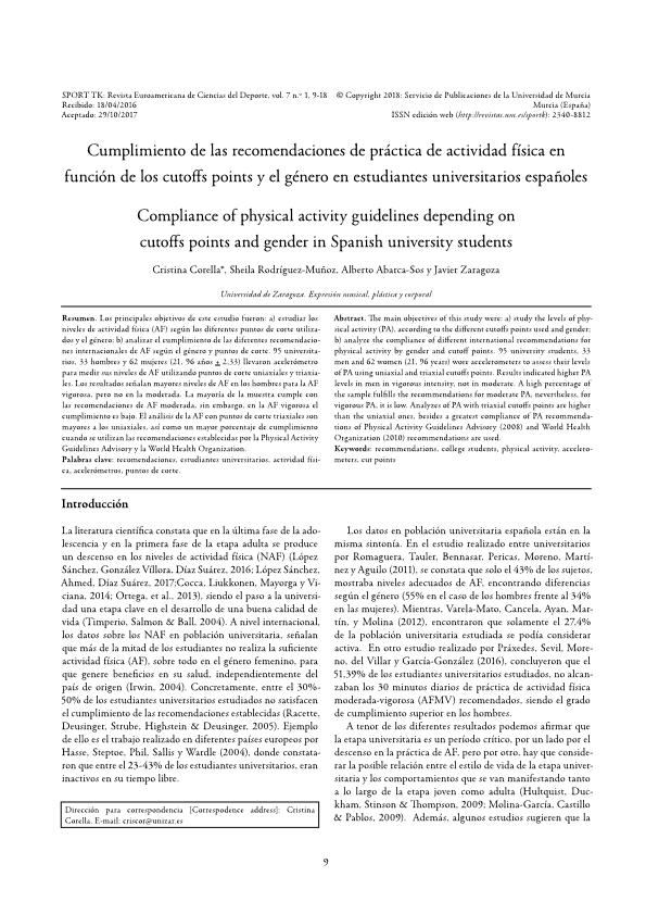 Cumplimiento de las recomendaciones de práctica de actividad física en función de los cutoffs points y el género en estudiantes universitarios españoles