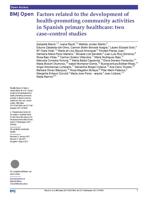 Factors related to the development of health-promoting community activities in Spanish primary healthcare: two case-control studies.