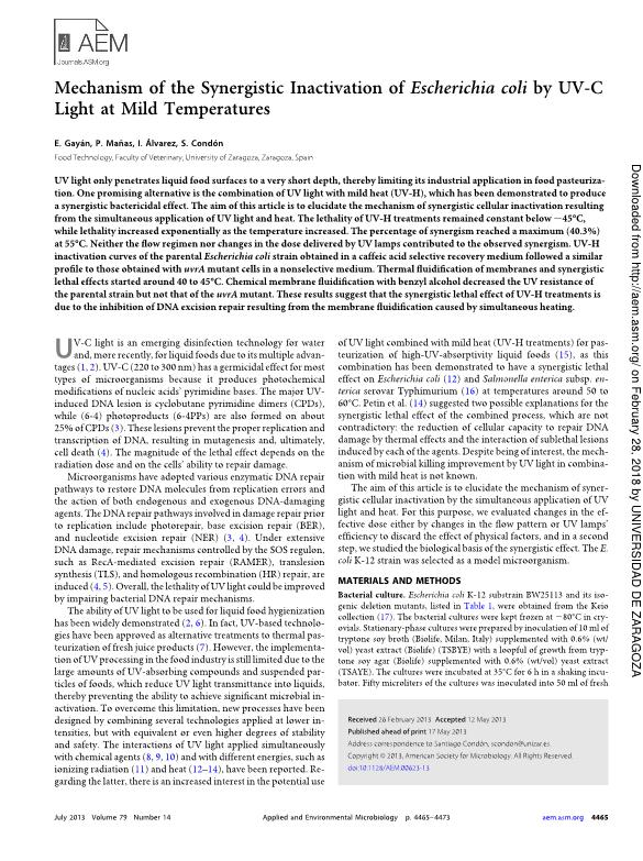 Mechanism of the synergistic inactivation of Escherichia coli by UV-C light at mild temperatures