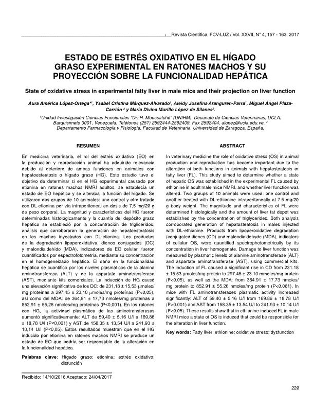 Estado de estrés oxidativo en el hígado graso experimental en ratones machos y su proyección sobre la funcionalidad hepática