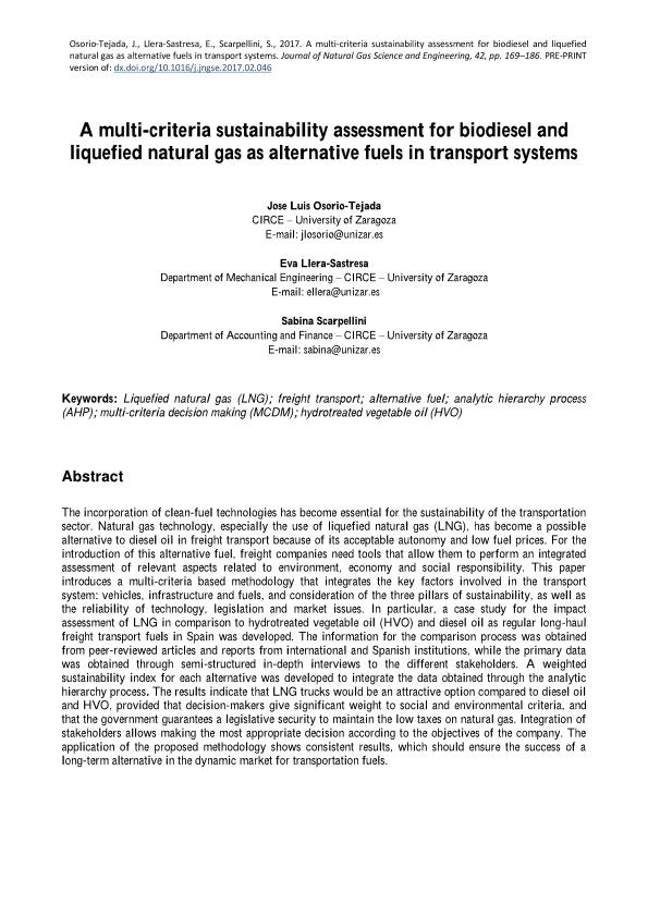 A multi-criteria sustainability assessment for biodiesel and liquefied natural gas as alternative fuels in transport systems
