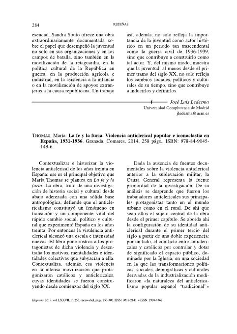 Thomas, María: La fe y la furia. Violencia anticlerical popular e iconoclastia en España, 1931-1936, Granada, Comares, 2014, 258 págs.