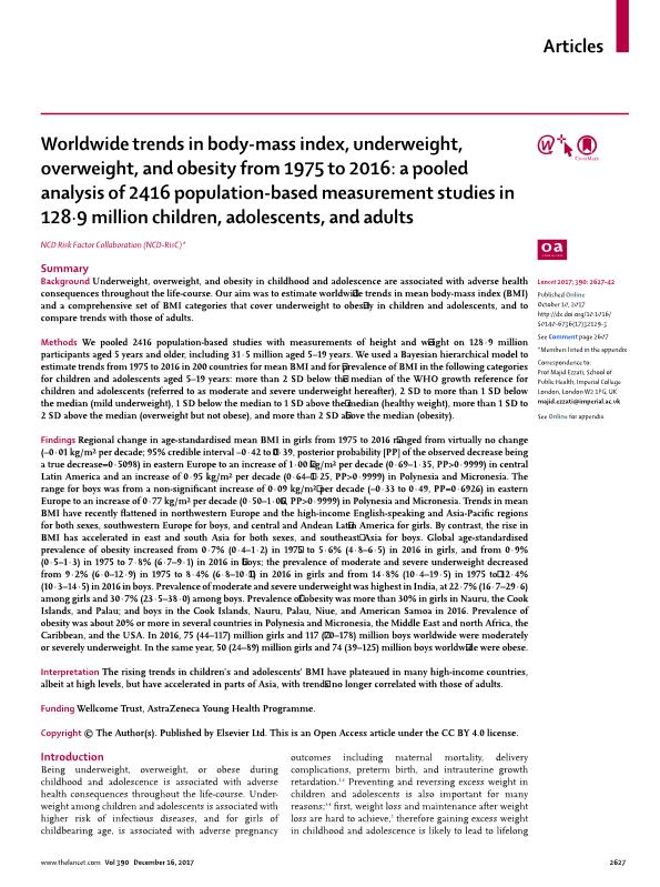 Worldwide trends in body-mass index, underweight, overweight, and obesity from 1975 to 2016: a pooled analysis of 2416 population-based measurement studies in 128.9 million children, adolescents, and adults