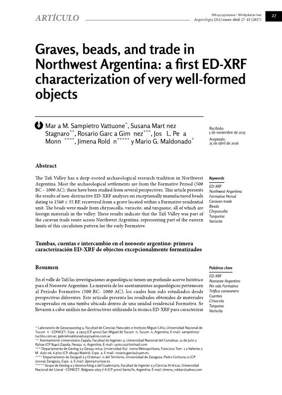 Graves, beads, and trade in Northwest Argentina: A first ED-XRF characterization of very well-formed objects