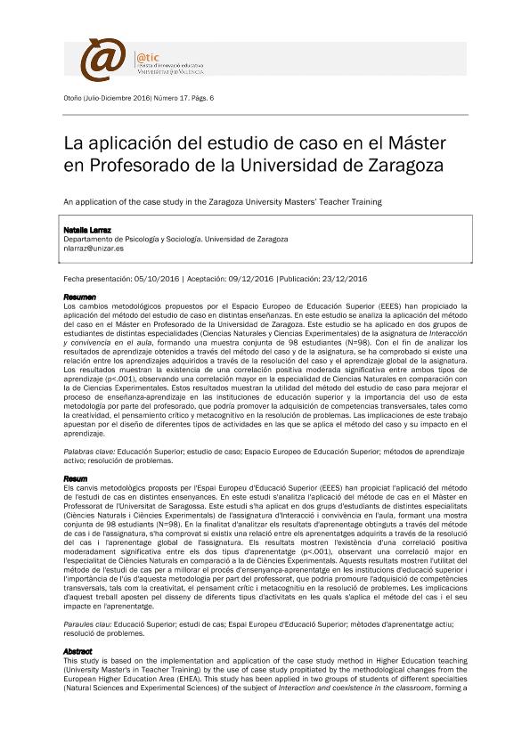 La aplicación del estudio de caso en el Máster en Profesorado de la Universidad de Zaragoza