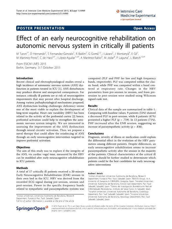 Effect of an early neurocognitive rehabilitation on autonomic nervous system in critically ill patients