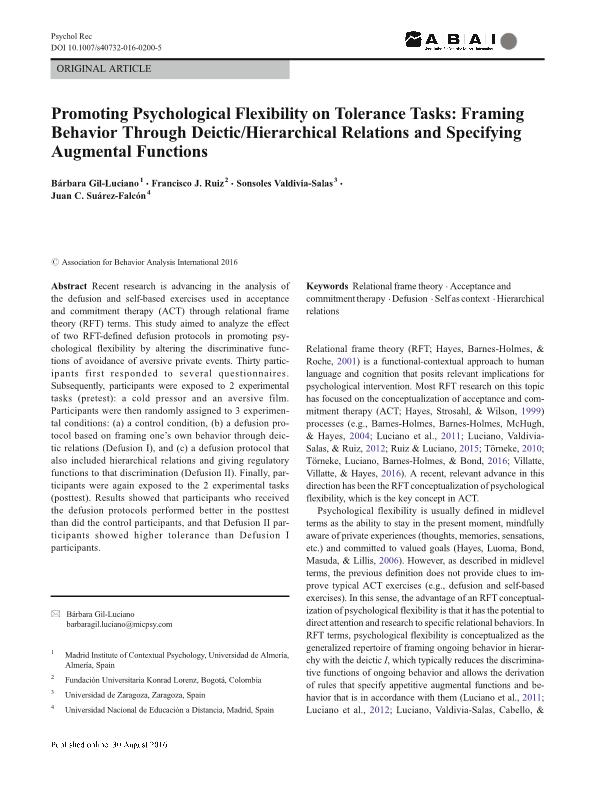 Promoting Psychological Flexibility on Tolerance Tasks: Framing Behavior Through Deictic/Hierarchical Relations and Specifying Augmental Functions