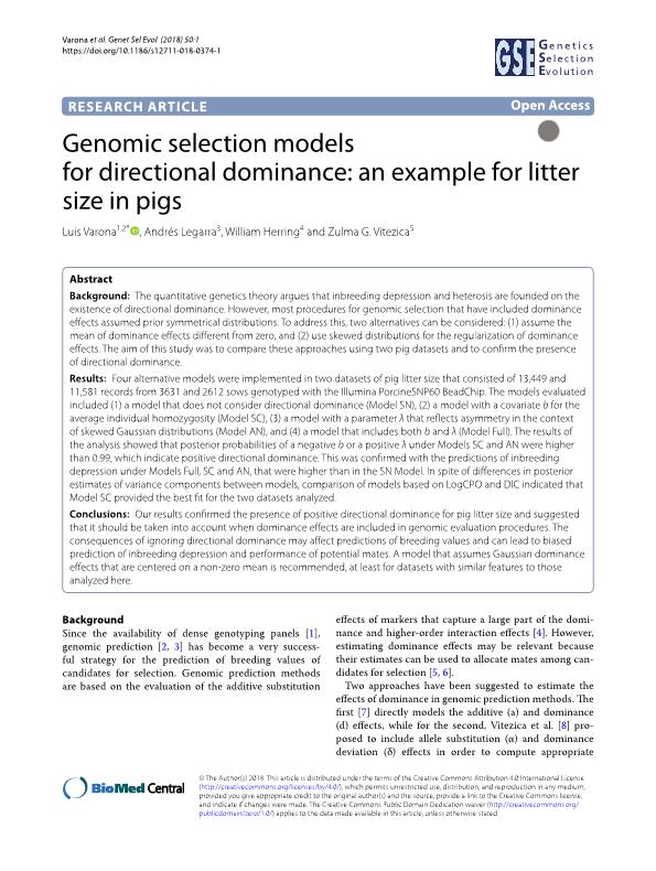 Genomic selection models for directional dominance: An example for litter size in pigs
