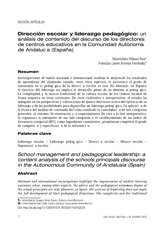 Dirección escolar y liderazgo pedagógico: Un análisis de contenido del discurso de los directores de centros educativos en la Comunidad Autónoma de Andalucía (España)