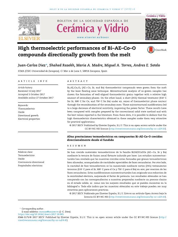Altas prestaciones termoeléctricas en compuestos Bi-AE-Co-O crecidos direccionalmente desde el fundido