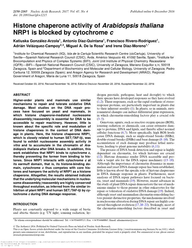 Histone chaperone activity of Arabidopsis thaliana NRP1 is blocked by cytochrome c