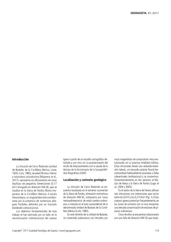 La intrusión de Cerro Redondo (Pérmico Inferior, Cordillera Ibérica, Zaragoza): reconstrucción 3D y modelo de emplazamiento