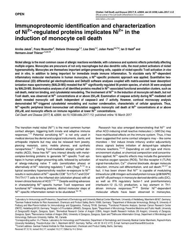 Immunoproteomic identification and characterization of Ni2+-regulated proteins implicates Ni2+ in the induction of monocyte cell death