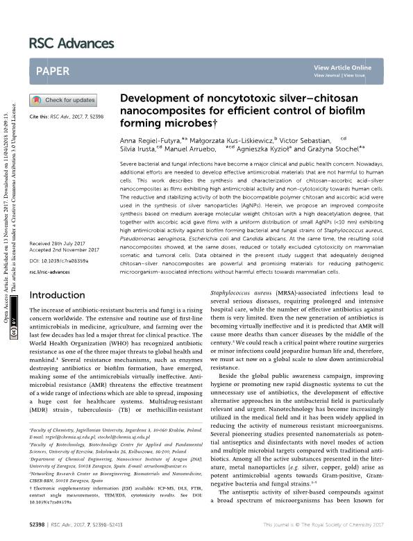 Development of noncytotoxic silver-chitosan nanocomposites for efficient control of biofilm forming microbes