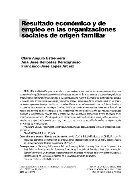 Economic result and employment in social organizations of family origin [Resultado económico y de empleo en las organizaciones sociales de origen familiar]