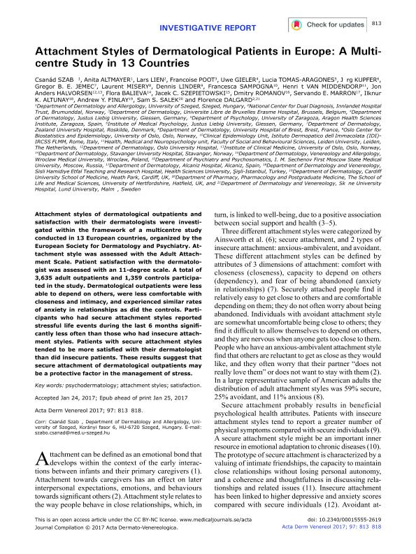 Attachment styles of dermatological patients in europe: A multicentre study in 13 countries
