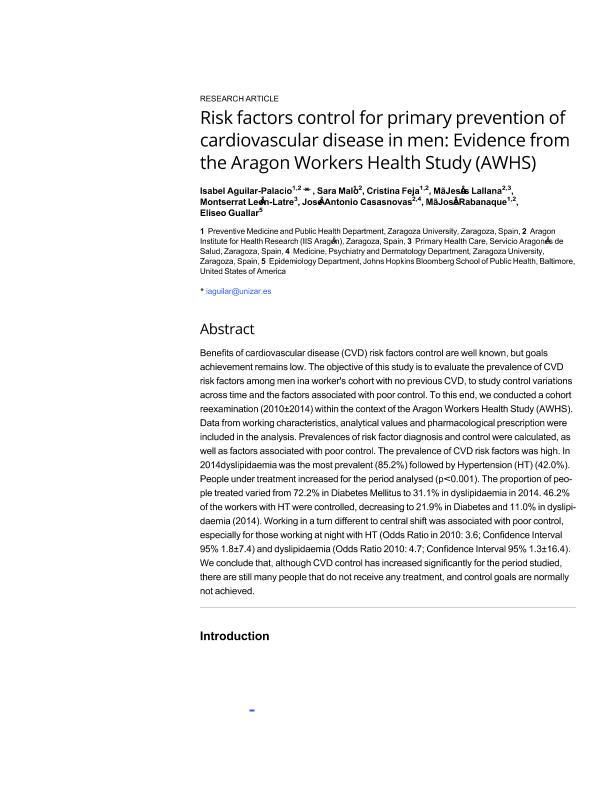 Risk factors control for primary prevention of cardiovascular disease in men: Evidence from the Aragon Workers Health Study (AWHS)