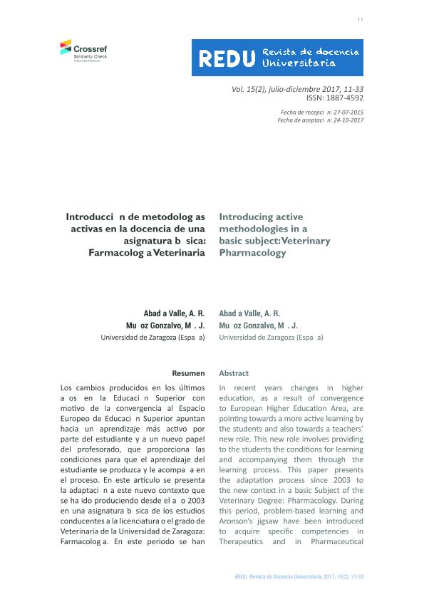 Introducción de metodologías activas en la docencia de una asignatura básica: Farmacología Veterinaria
