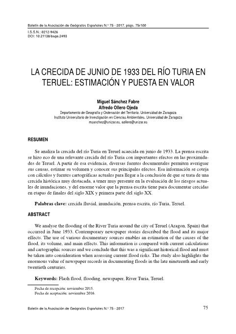 La crecida de junio de 1933 del río Turia en Teruel: estimación y puesta en valor [The flood of the river Turia at Teruel in june 1933: an assessment]