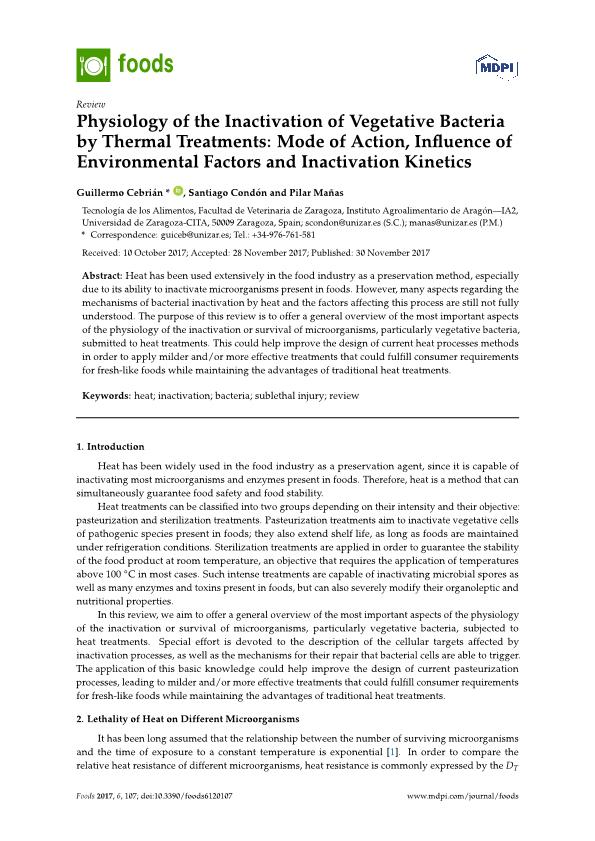 Physiology of the Inactivation of Vegetative Bacteria by Thermal Treatments: Mode of Action, Influence of Environmental Factors and Inactivation Kinetics