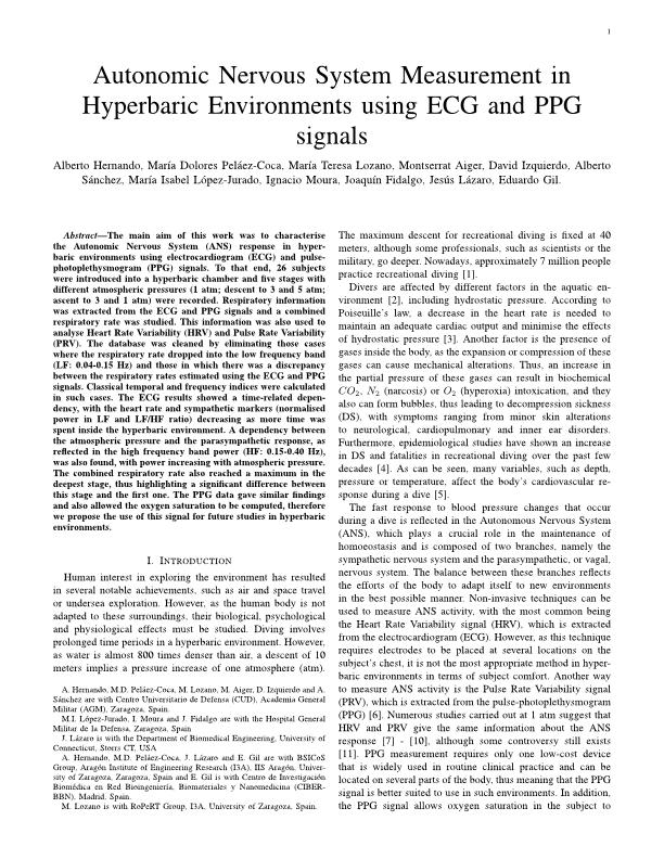 Autonomic nervous system measurement in hyperbaric environments using ECG and PPG signals