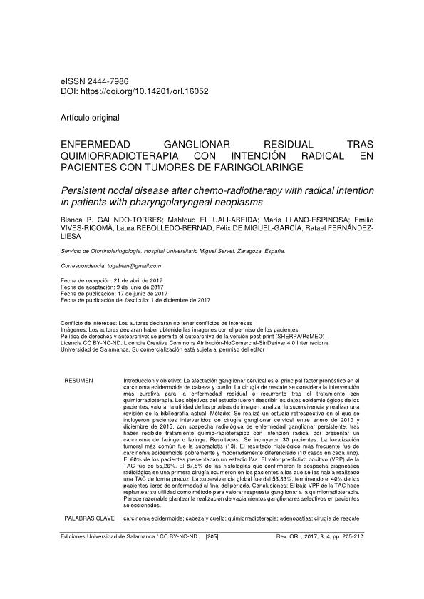 Enfermedad ganglionar residual tras quimioradioterapia con intención radical en pacientes con tumores de faringolaringe