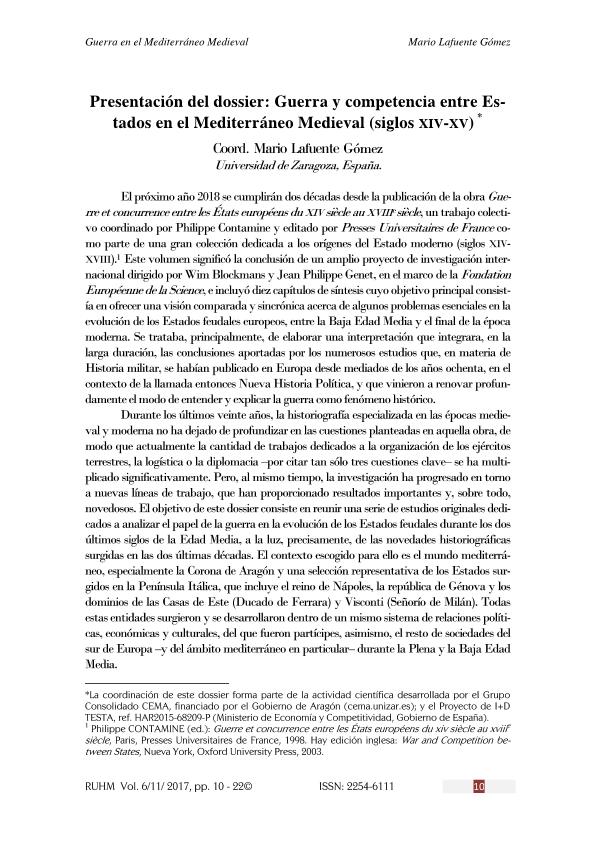 Presentación del dossier: Guerra y competencia entre Estados en el Mediterráneo Medieval (siglos XIV-XV)