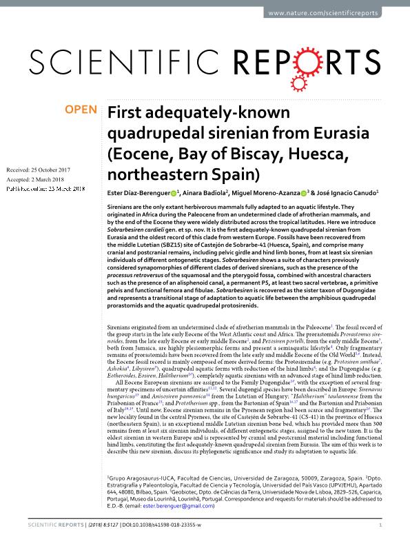 First adequately-known quadrupedal sirenian from Eurasia (Eocene, Bay of Biscay, Huesca, northeastern Spain)