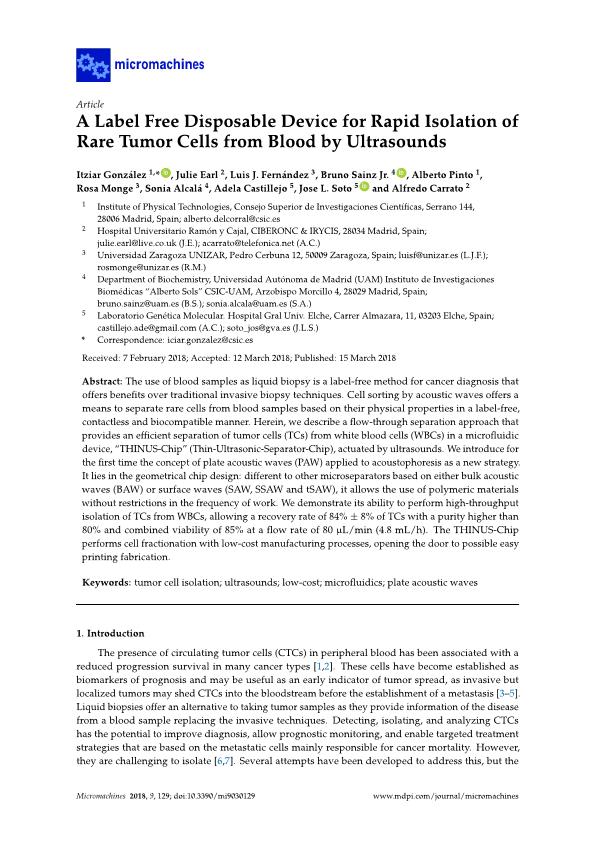 A label free disposable device for rapid isolation of rare tumor cells from blood by ultrasounds