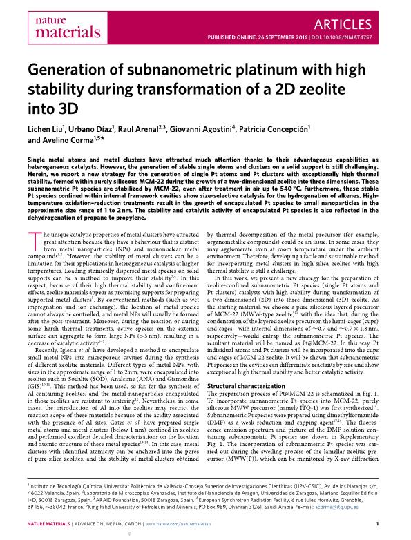 Generation of subnanometric platinum with high stability during transformation of a 2D zeolite into 3D