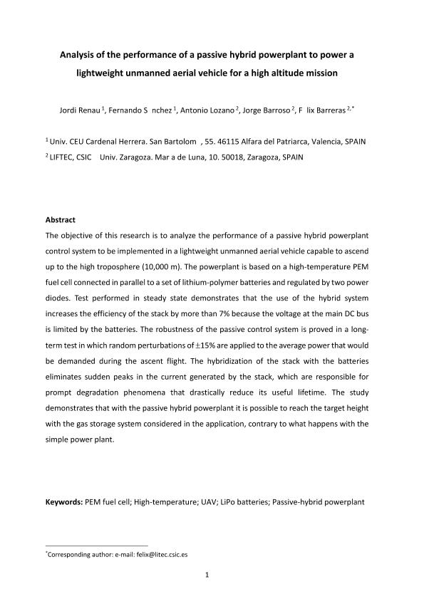 Analysis of the performance of a passive hybrid powerplant to power a lightweight unmanned aerial vehicle for a high altitude mission