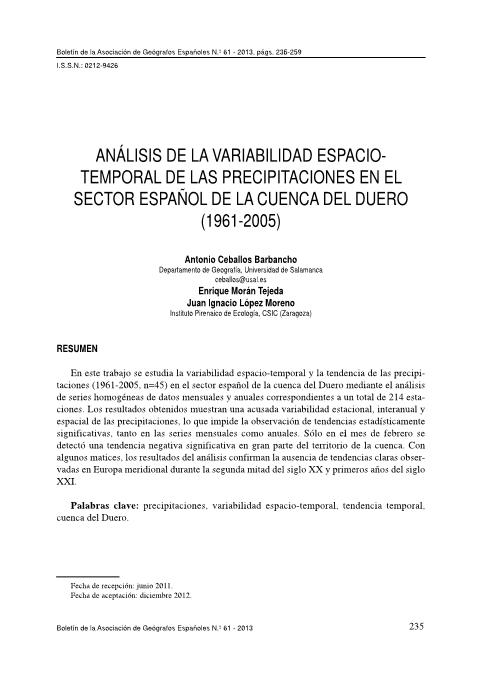 Análisis de la variabilidad espacio-temporal de las precipitaciones en el sector Español de la cuenca del Duero (1961-2005)