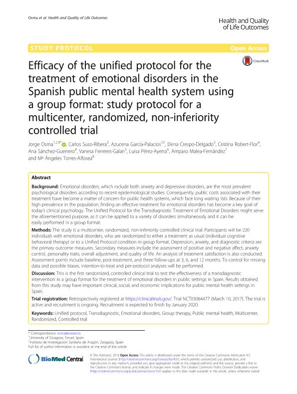 Efficacy of the unified protocol for the treatment of emotional disorders in the Spanish public mental health system using a group format: Study protocol for a multicenter, randomized, non-inferiority controlled trial