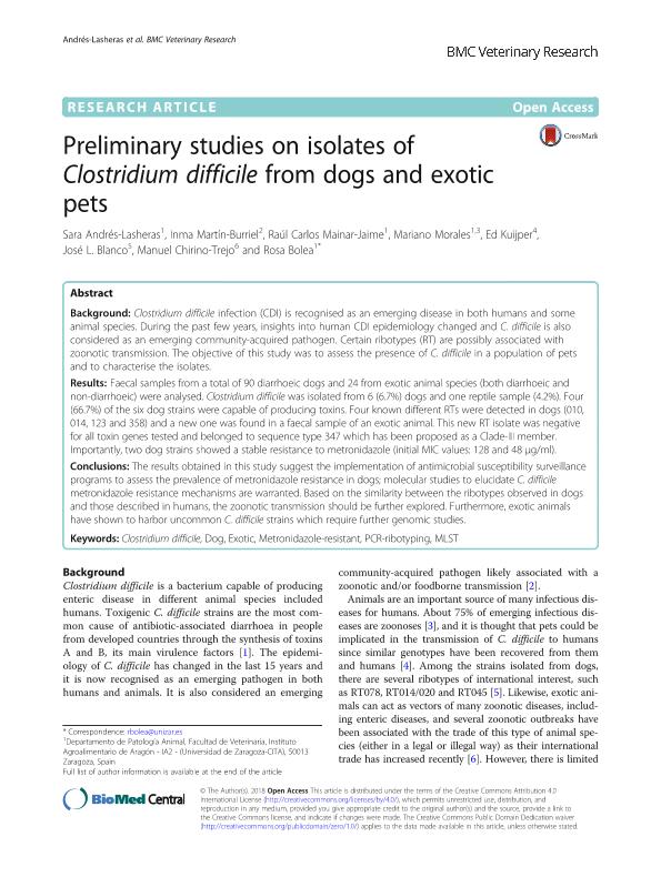 Preliminary studies on isolates of Clostridium difficile from dogs and exotic pets