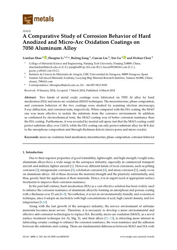 A comparative study of corrosion behavior of hard anodized and micro-arc oxidation coatings on 7050 aluminum alloy