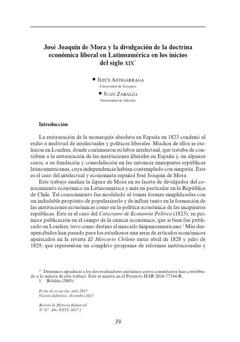 José Joaquín de Mora y la divulgación de la doctrina económica liberal en Latinoamérica en los inicios del siglo XIX