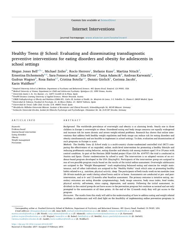 Healthy Teens @ School: Evaluating and disseminating transdiagnostic preventive interventions for eating disorders and obesity for adolescents in school settings