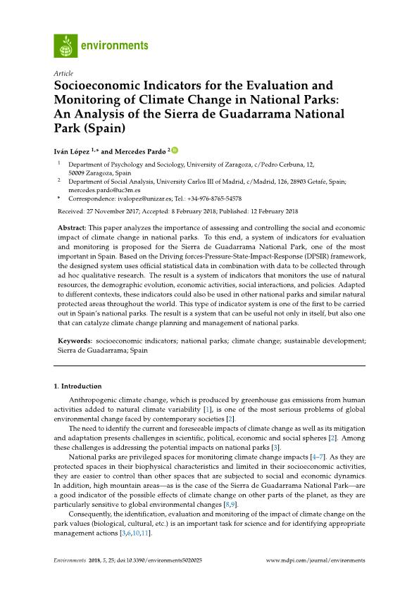 Socioeconomic Indicators for the Evaluation and Monitoring of Climate Change in National Parks: An Analysis of the Sierra de Guadarrama National Park (Spain)