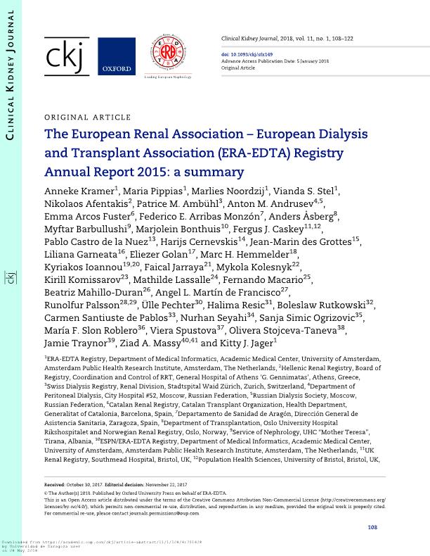 The European Renal Association – European Dialysis and Transplant Association (ERA-EDTA) Registry Annual Report 2015: A summary